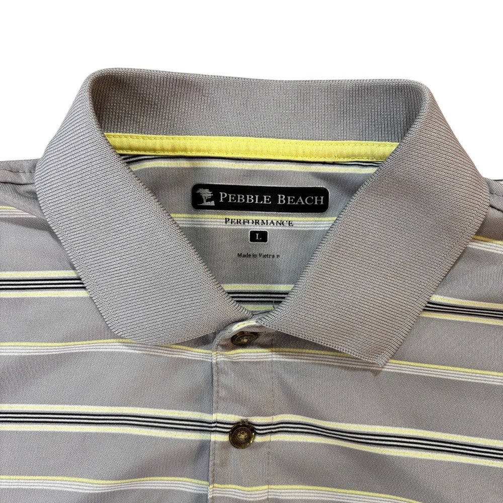 PEBBLE BEACH Mens Large Gray Striped Performance Golf Polo Short Sleeve Shirt